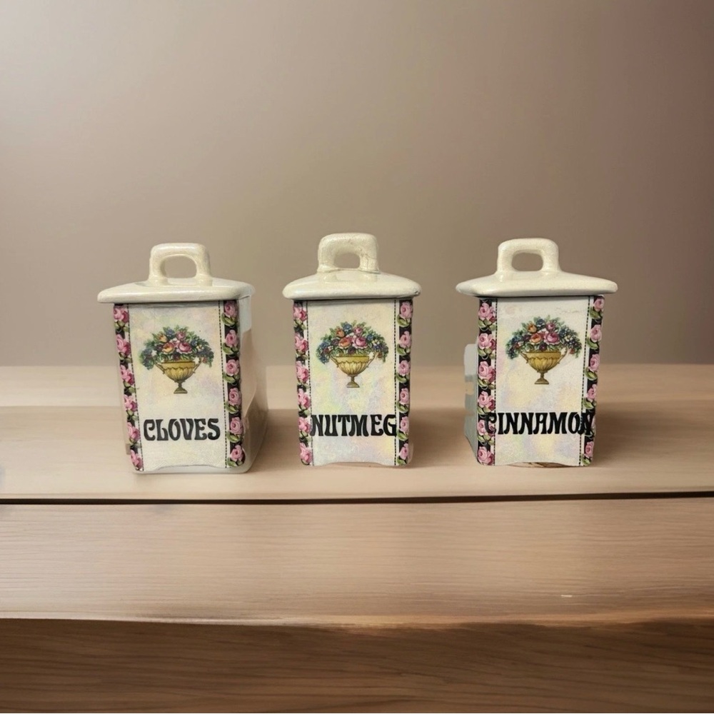 Vtg Czechoslovakian Spice Jars Set 3 Ditmar Urbach Cloves Nutmeg Cinnamon Read